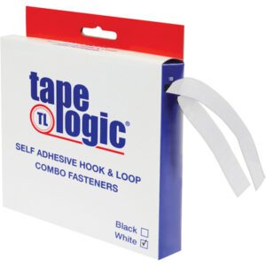 The 1 x 15 White Strips Tape Logic® Combo Pack features self-adhesive hook and loop fasteners in a primarily white box with a red top and blue bottom. A fastener strip extends from an opening, making these versatile fasteners essential for any toolkit.