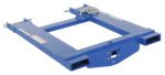 The Vestil Fork Truck Hook Base 32.375 In 4000 Lb is a blue rectangular forklift attachment with a metal chain on top, two arms with securing holes, and visible bolts on its smooth surface. It supports loads up to 4000 lbs.
