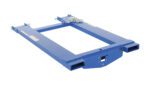 The Vestil Fork Truck Hook Base 44.375 In 4000 Lb features an industrial blue attachment with a flat rectangular frame, sturdy metal chains, forklift fork slots, and a mounting section. It has a smooth surface with warning labels and measures 44.375 inches while supporting up to 4000 lbs.