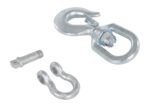 The Vestil Swivel Hook With Shackle 4K Capacity, shown on a white background, includes a metal swivel hook with a latch and a U-shaped shackle with threaded ends. The cylindrical pin is designed to fit seamlessly with the shackle.