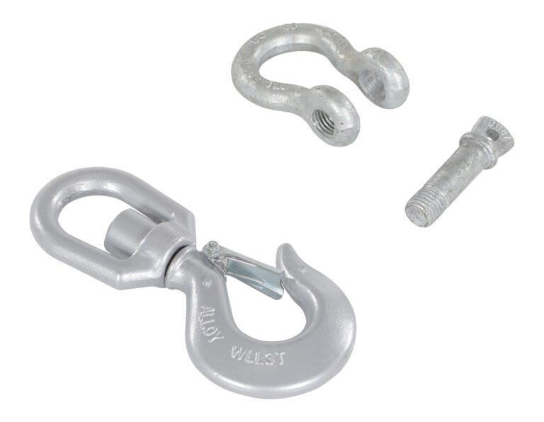 On a white background is the Vestil Swivel Hook With Shackle 6K Capacity, featuring a sleek, shiny metallic alloy lifting hook with ALLOY and WLALST inscribed, accompanied by a shackle and separate screw pin.