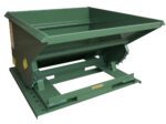 The Vestil Self-Dump Light Duty Hopper 1 Cu Yd 2 K is a green metal industrial hopper with a large rectangular opening, mounted on a sturdy base, and has side hinges for tilting to efficiently empty bulk materials.
