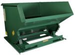 The Vestil Self-Dump Heavy Duty Hopper 2 Cu Yd 6.2K features a green industrial design with a rectangular top opening, angled sides for tilting forward, and rests on a reinforced base with pivot mechanisms.