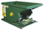 The Vestil Self-Dump Heavy Duty Hopper 1/4 Cu Yd 4K features a green rectangular design with yellow caution labels, a slanted open top, and a sturdy base with engineered joints. It has a 1/4 cubic yard capacity, 4000 lb strength, and an American flag sticker on its side.