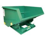 The large green Vestil Self-Dump Hopper, with angled sides and a rectangular opening on a wheeled base, handles 2.5 cubic yards and 6K weight limit for easy material transport or dumping.
