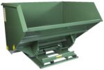 The Vestil Self-Dump Heavy Duty Hopper 4 Cu Yd 6K is a robust green industrial hopper with a reinforced frame and slanted front edge for efficient material handling and dumping, featuring a sturdy base for stability.
