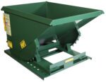 Introducing the Vestil Self-Dump Heavy Duty Hopper 1/2 Cu Yd 4K, a green steel hopper with a square opening for efficient waste management. It features caution labels, a stable base, and tilts for easy unloading.