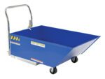 The Vestil Low Profile Parts Hopper 1/3 Cu Yd 2K features caution labels and is designed for efficient heavy material transport, complete with wheels and a metallic handle.