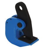 The Vestil Horizontal Plate Clamp 10K Capacity has a blue and black metal design, featuring a large circular hole at the top and a textured grip surface at the bottom, making it ideal for industrial lifting or securing tasks.