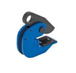 The Vestil Horizontal Plate Clamp 2K Capacity features a blue and black metal design with a serrated jaw and round attachment hole, ensuring secure object lifting. It stands out against a white background, showcasing its sturdy construction.