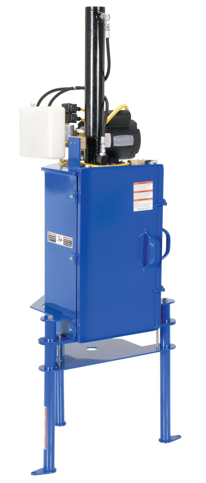 HPC-405_A.jpg The Vestil Hydraulic Pail Crusher 5 Gallon features a blue industrial upright design with a black hydraulic cylinder on top. It includes a white 5-gallon container, various labels, four sturdy legs for support, and a front door for easy access.