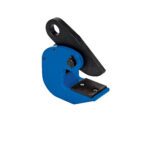 The Vestil Horizontal Plate Clamp 4K Capacity is blue, has a black hook attachment, and features a textured rubber gripping surface. Its angled for optimal use, ensuring secure lifting of objects up to its capacity.