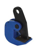 The Vestil Horizontal Plate Clamp 8K Capacity is blue with a black metal lever and circular attachment hole at the top. Its flat base is designed for efficient gripping, blending reliability with functionality against a white background.