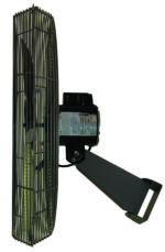 Side view of the Vestil High Performance Circular Wall Fan, highlighting its protective wire cage, sturdy metal bracket, visible motor housing, and slightly tilted blades for optimal airflow.