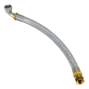The Vestil Braided Poly Hydraulic Hose-Large is a flexible metal hose with brass fittings on both ends: a right-angle fitting at the top and a straight threaded connector at the bottom, perfect for plumbing or industrial use.