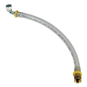 The silver Vestil Braided Poly Hydraulic Hose-Small features a right-angle connector on one end and a straight connector on the other, with yellow bands near each connector for plumbing or appliance use.