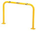 The Vestil High Profile Mach & Rack Guard 36X24X2 is a yellow metal safety barrier with a curved top, flat mounting plates for ground installation, black diagonal stripes near the top, and a small label.