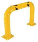 The Vestil High Profile Mach & Rack Guard 36X24X4 is a durable yellow barrier with a curved top and black arrows, ideal for industrial or parking spaces. It features mounting plates for secure installation.