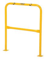 The Vestil High Profile Mach & Rack Guard 36X42X2 is a yellow metal safety guardrail with a horizontal mid-bar, adorned with black diagonal stripes, designed for flat surfaces and equipped with sturdy mounting plates for secure installation.