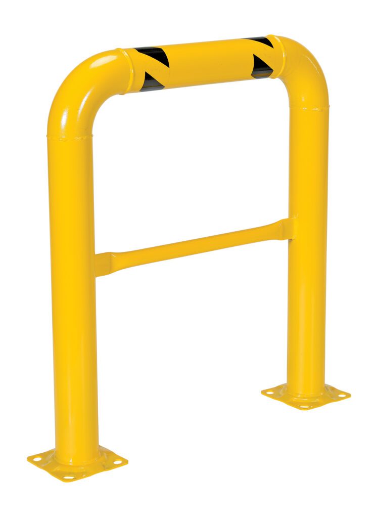 The Vestil High Profile Mach & Rack Guard 36X42X4 is a yellow metal safety guardrail with two vertical posts, a top horizontal bar, and black diagonal stripes for visibility, ideal for flat surfaces.