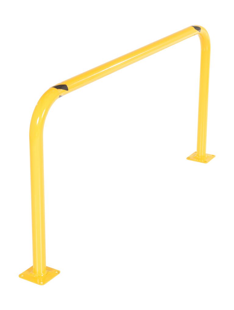 HPRO-48-24-2_A.jpg The Vestil High Profile Mach & Rack Guard 48X24X2 features a yellow metal safety barrier with rounded corners, two flat mounting base plates, and bent tube ends for a smooth finish, providing robust protection in industrial or commercial settings.