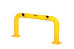 The Vestil High Profile Mach & Rack Guard 48X24X4 is a yellow barrier with black chevron markings on white, featuring curved ends and flat mounting bases, with its text and logo prominently centered.