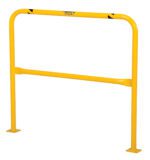 The Vestil High Profile Mach & Rack Guard 48X42X2 is a bright yellow safety guardrail with two horizontal bars and a rectangular shape. It features rounded corners and sturdy base plates for secure mounting on flat surfaces, ensuring optimal protection.