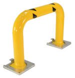 The Vestil Removable High Profile Rack Guard 36X24 is a yellow steel U-shaped safety barrier with black diagonal stripes on the top bar, mounted on rectangular metal bases, perfect for protection and access control in industrial or commercial settings.
