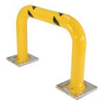 The Vestil Removable High Profile Rack Guard 48X24 is a yellow U-shaped safety barrier with black chevrons. It has two strong metal base plates for mounting, perfect for protecting and separating areas in industrial environments.