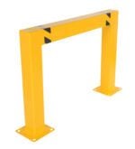 The Vestil Heavy Duty Machine And Rack Sq Guard 48 X 36 is a surface-mountable yellow metal safety barrier with black diagonal stripes at the corners, featuring a rectangular arch design and four bolt holes on each base plate for stability.