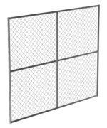 The Vestil Construction Barrier - Panel Unit is a large rectangular barrier with a sturdy metal frame, divided into four sections by horizontal and vertical supports, displaying a uniform grid pattern on its plain white background, highlighting its robust design.