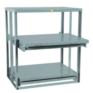 A gray metal shelving unit with two shelves and a flat top resembles the Little Giant Heavy-Duty Roll-Out Shelving. Its industrial design, open framework, and sturdy construction make it ideal for robust storage needs.