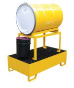 A yellow Vestil Horizontal Retention Basin 1.2K-1 Drum is laid horizontally on a metal stand with a spill pallet beneath it, while a black bucket is positioned under the open spout to collect any liquid.
