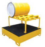 The Vestil Horizontal Retention Basin 1.2K-2 Drum provides secure storage for a yellow metal barrel on a grated spill containment platform, ensuring safe handling of liquid-filled drums.