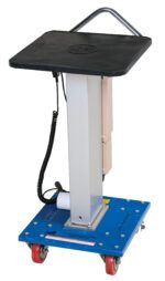 The blue Vestil Linear Actuated Post Table features a black platform, silver column, and red wheels. It includes a control box on the column, a top handle, and a coiled cable connected to the base.