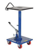 A blue hydraulic transmission jack with a flat square platform and foot pedal, similar to the Vestil Hydraulic Post Table 200 Lb 16 X 16, features a handle and four red caster wheels for easy mobility.