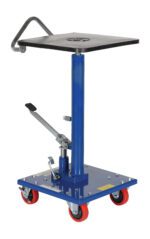 The Vestil Hydraulic Post Table 300 Lb 16 X 16 includes a blue hydraulic lift with a black 16 x 16 platform, wheeled base supporting up to 300 lbs, adjustable height via foot pedal, and red caster wheels for easy mobility.