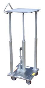The Vestil Hyd Post Table-Partial Ss 500 Lb 18 X 18 is a sturdy lift cart with a flat top on four posts, featuring a handle and pedal for height adjustment. It rests on four caster wheels for easy mobility.