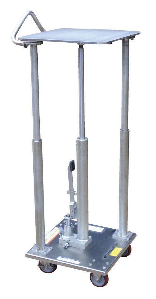 The Vestil Hyd Post Table-Partial Ss 500 Lb 18 X 18 is a sturdy lift cart with a flat top on four posts, featuring a handle and pedal for height adjustment. It rests on four caster wheels for easy mobility.