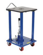 The Vestil Hydraulic Post Table 500 lb features an 18 x 18 black platform on four vertical columns, includes a foot pedal, handlebar, and four red wheels for easy mobility. Its metal frame and safety labels ensure secure use.