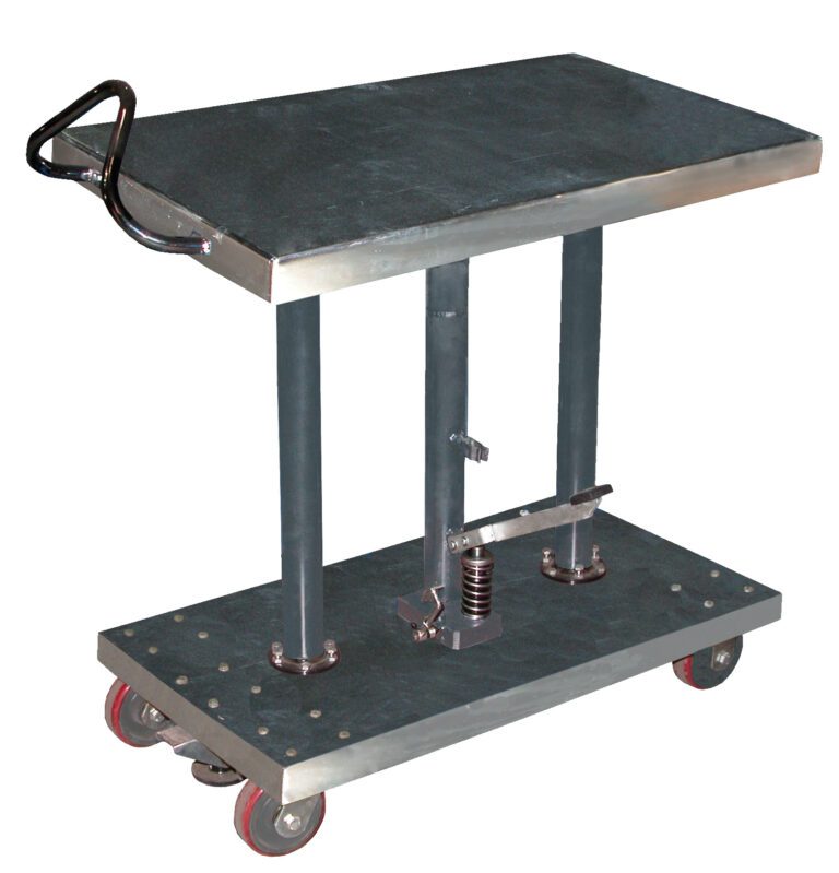 The Vestil Hyd Post Table-Partial Ss 1K Lb 20 X 36 features a black platform, red caster wheels, and a sturdy handle. Its hydraulic lift supports up to 1,000 lbs on the rectangular base, enhancing industrial efficiency.