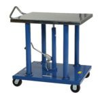 The Vestil Hydraulic Post Table 2K Lb 30 X 36 features a blue rectangular platform, a robust metal handle, and a foot pedal. It has four wheels for easy mobility and can lift objects up to 2,000 lbs with dimensions of 30 x 36 inches.