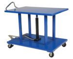 The Vestil Hydraulic Post Table 2K Lb 32 X 48 has a blue flat top, metal handle, and four caster wheels. Its hydraulic mechanism enables easy height adjustments for transporting or elevating heavy items.