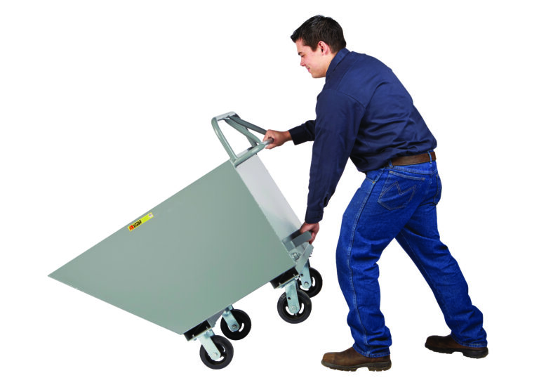 A person in a blue shirt and jeans tips the Little Giant Hopper Truck with Ergonomic Handle. The gray industrial cart, with four wheels, is tilted forward, indicating use for transporting or dumping materials against a white background.
