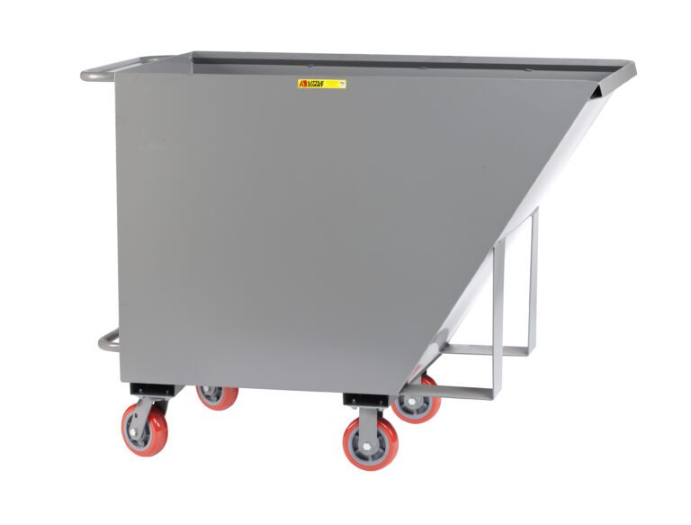 The Little Giant Hopper Truck is an industrial steel tilt truck in gray, equipped with red wheels and a metal handle. It has a rectangular design with a sloped front for easy unloading, ideal for heavy-duty material handling and transport.