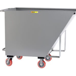 The Little Giant Hopper Truck is an industrial steel tilt truck in gray, equipped with red wheels and a metal handle. It has a rectangular design with a sloped front for easy unloading, ideal for heavy-duty material handling and transport.