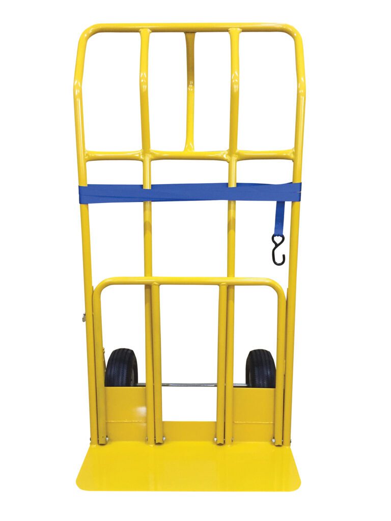 HTWL-600-PN_A.jpg The Vestil Hand Truck Wide Load - 600Lb Cap-Pnu has a yellow frame, black wheels, tall structure, and flat base for handling up to 600 lbs effortlessly. It includes a sturdy blue strap to secure items during transport.