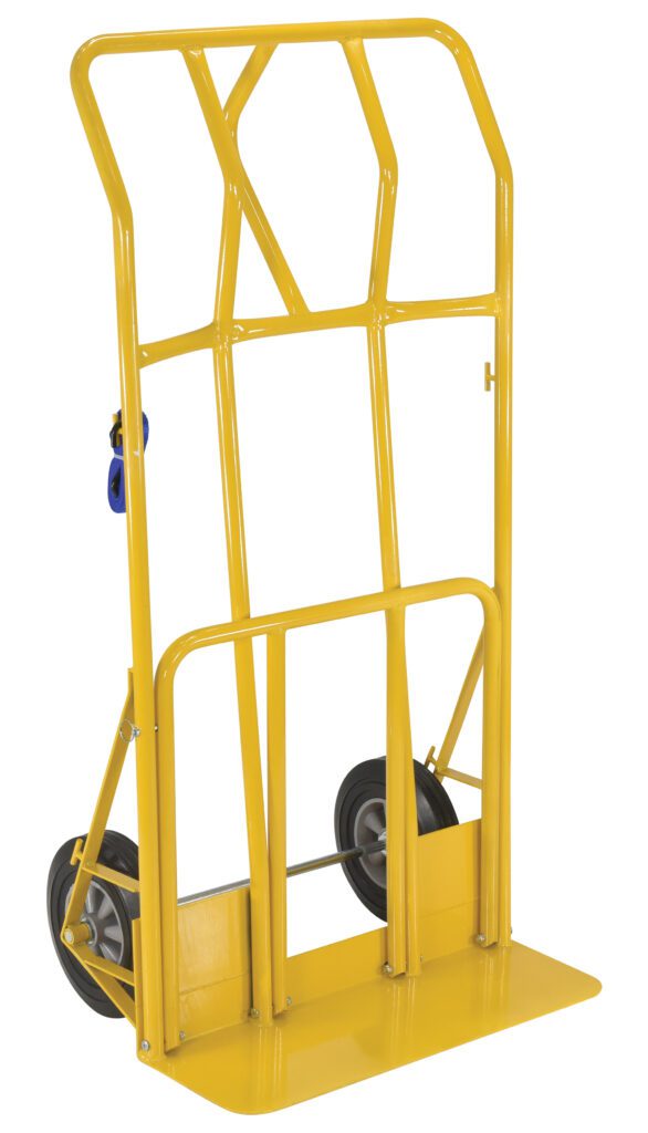The Vestil Hand Truck Wide Load - 800Lb Cap-Hr features a yellow frame with two black wheels and an extended platform for transporting heavy items efficiently up to 800 lbs.