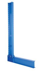 The Vestil Heavy Duty Single Cantilever 12Ft 18 Arm is a blue metal angle bracket with a vertical and horizontal arm featuring holes for adjustable mounting, providing reliable support for shelving. Captured on a plain white background.