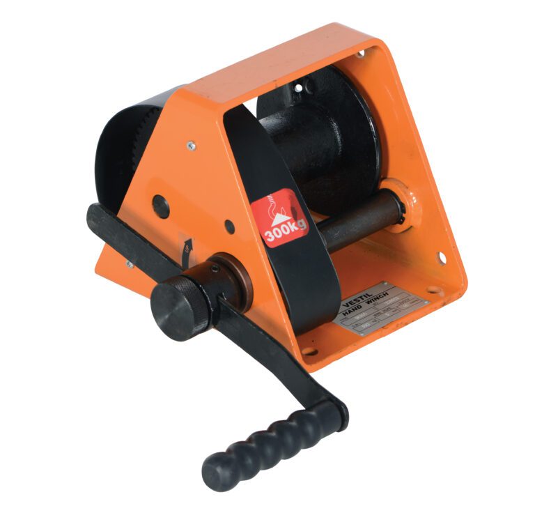 The Vestil Manual Hand Winch 600 lb capacity features a vibrant orange design and sturdy black handle, expertly crafted for lifting and reliable for various tasks.